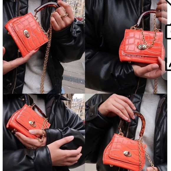 Orange Croc-Embossed Handbag with Resin Tortoise Handle & Removable Gold Chain - Picture 5 of 7